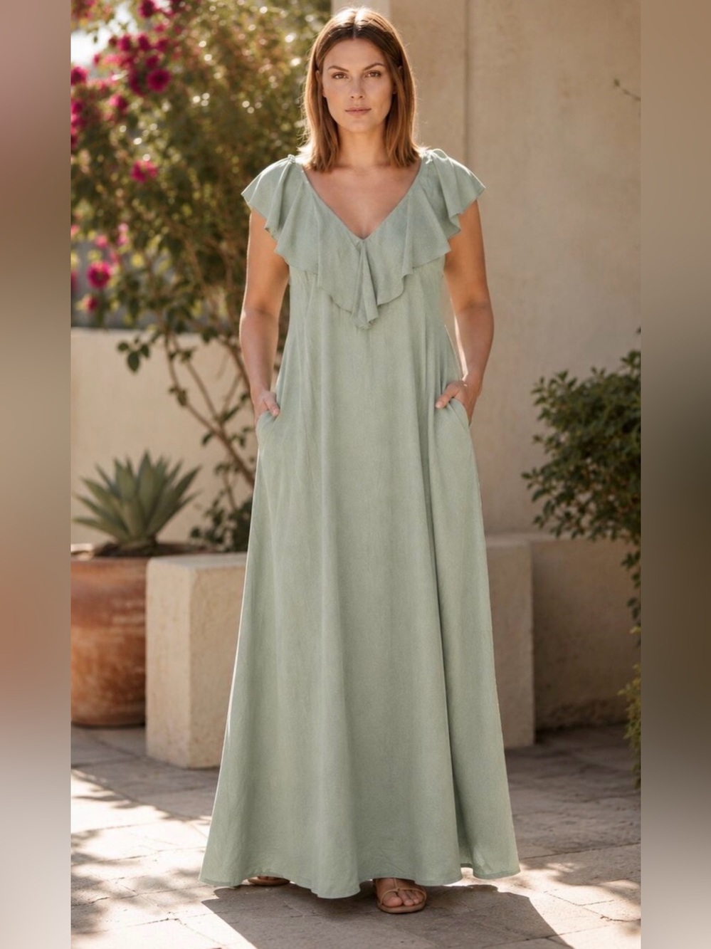 Cotton Blend Sage Green Flutter Sleeve Maxi Dress XXL NWT Pockets Smocked